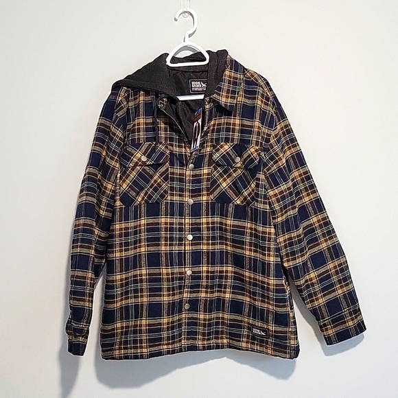 Eddie Bauer Men's Hooded Shirt Jacket In Navy Plaid Large NWT - Picture 1 of 8